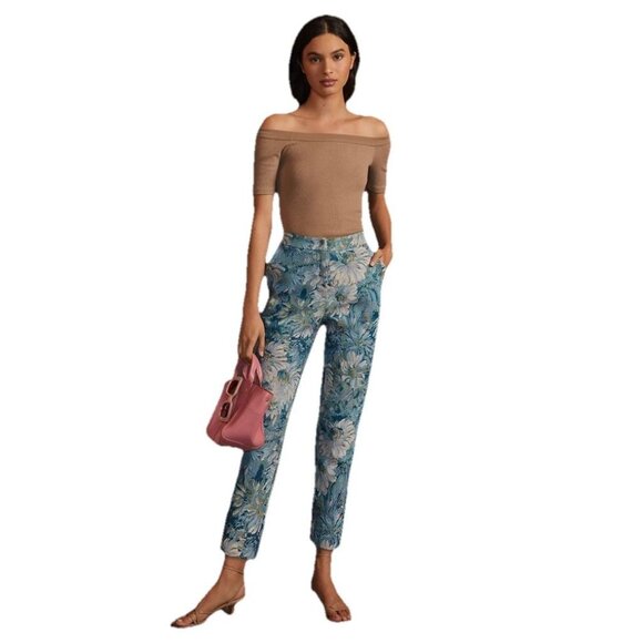 Anthropologie En Saison Alexandra Trousers Blue Floral Jacquard Pants Size M New - Picture 1 of 16